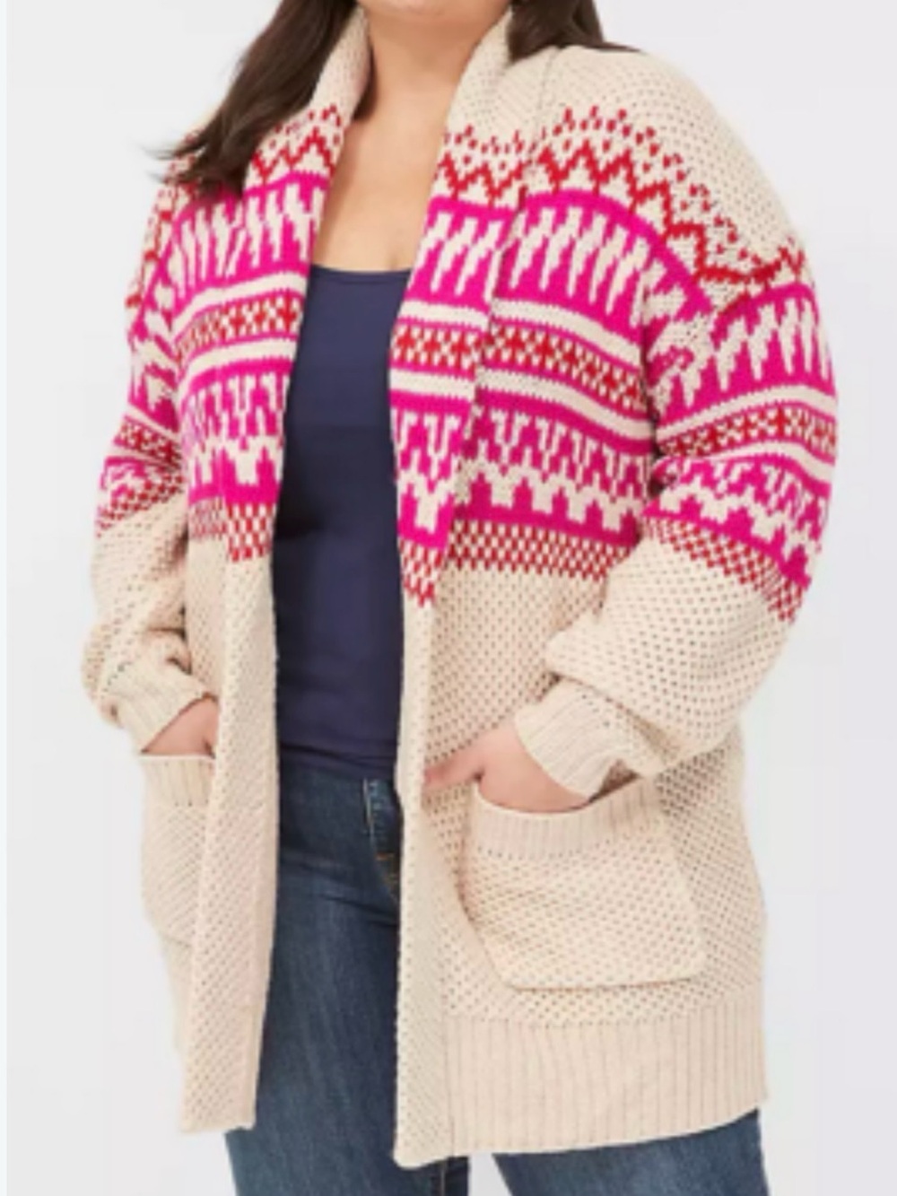 Lane Bryant Cream Open-Front Cardigan with Pink Fair Isle Yoke 18/20